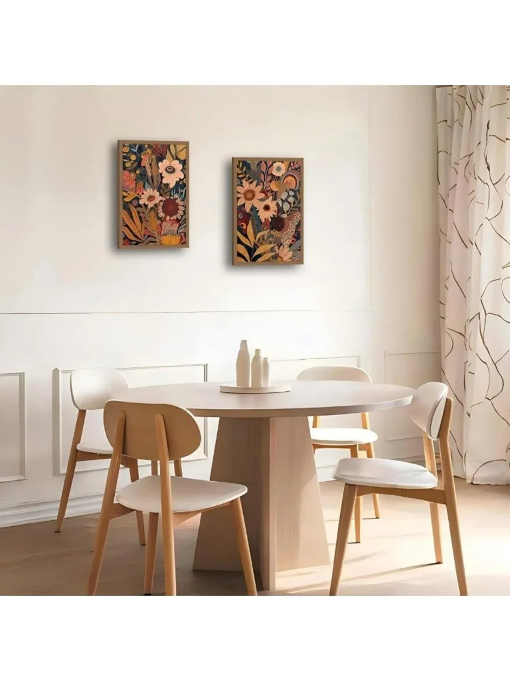 Set of 2 Orange Floral Canvas Wall Art - Bohemian Mid Century Decor for Home